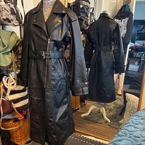 Men's Black faux leather trench coat. unisex.
